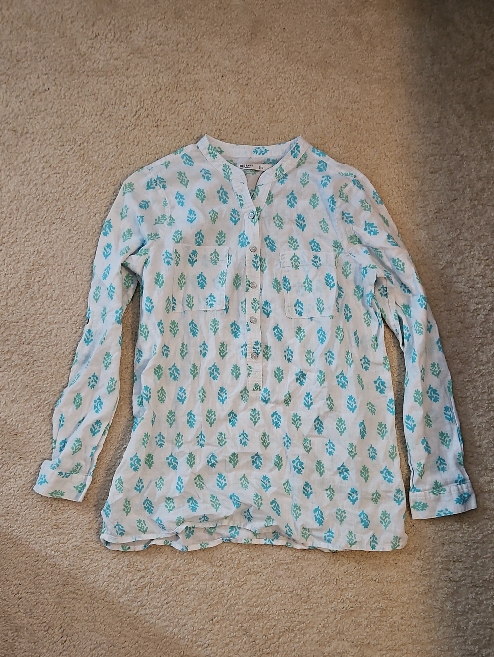 Old Navy White Tunic with Teal and Mint Leaf Print